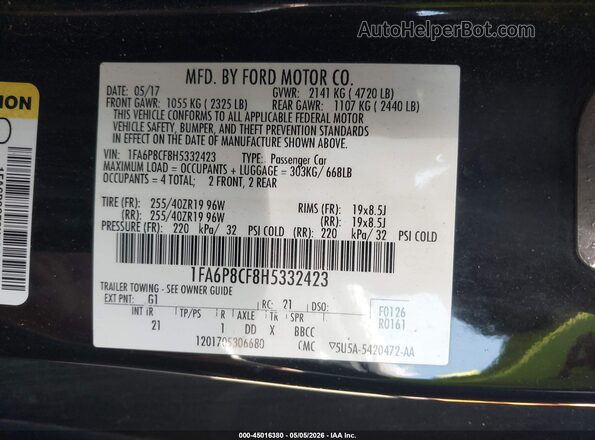 1FA6P8CF8H5332423 2017 FORD MUSTANG Черный Вид подкапотного пространства