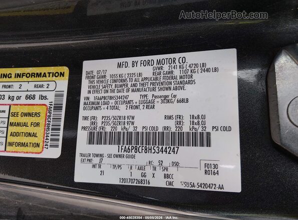 1FA6P8CF8H5344247 2017 FORD MUSTANG Gray Widok komory silnika