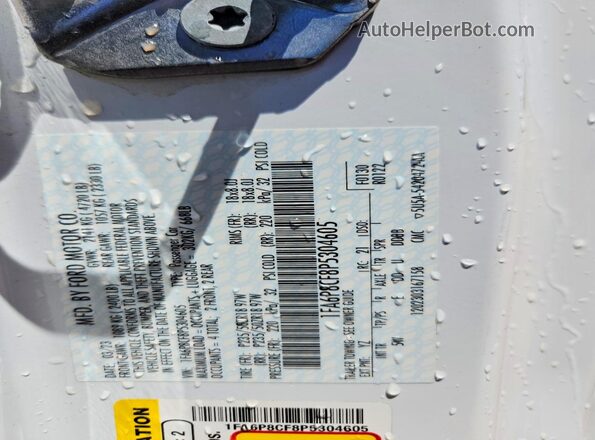 1FA6P8CF8P5304605 2023 FORD MUSTANG White Widok naklejki z numerem VIN