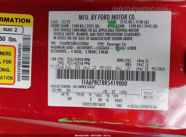 1FA6P8CF8R5419000 2024 FORD MUSTANG Red Vista del compartimento del motor