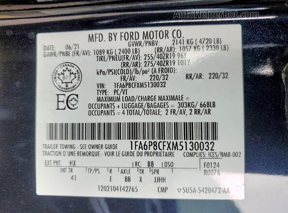 1FA6P8CFXM5130032 2021 FORD MUSTANG Black 