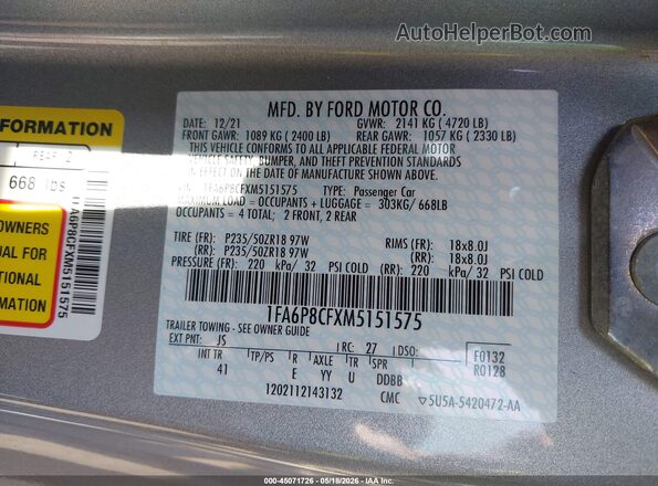 1FA6P8CFXM5151575 2021 FORD MUSTANG Silver Շարժիչի բաժամունքի տեսք