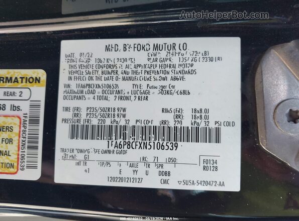 1FA6P8CFXN5106539 2022 FORD MUSTANG Черный Вид подкапотного пространства