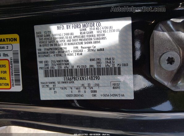 1FA6P8CFXN5148290 2022 FORD MUSTANG Черный Вид подкапотного пространства