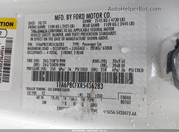 1FA6P8CFXR5436283 2024 FORD MUSTANG White 