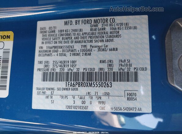 1FA6P8R0XM5550263 2021 FORD MUSTANG Blue 