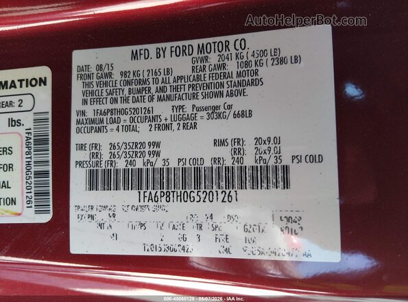 1FA6P8TH0G5201261 2016 FORD MUSTANG Red Вид підкапотного простору