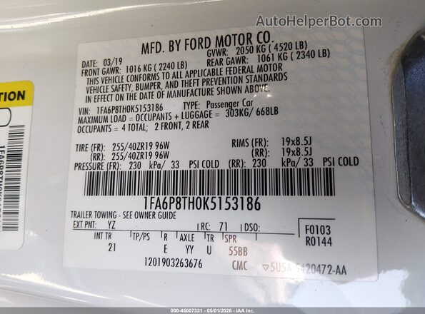 1FA6P8TH0K5153186 2019 FORD MUSTANG White Engine compartment view