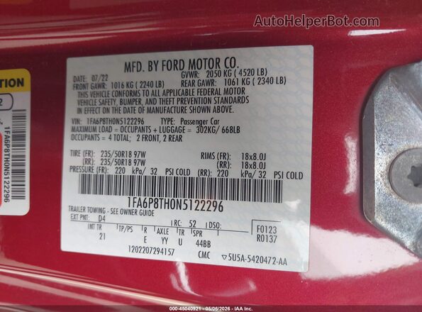 1FA6P8TH0N5122296 2022 FORD MUSTANG Red 