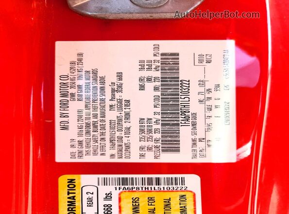 1FA6P8TH1L5103222 2020 FORD MUSTANG Red 