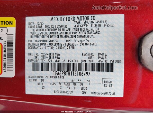 1FA6P8TH1T5106797 2026 FORD MUSTANG Red Вид підкапотного простору