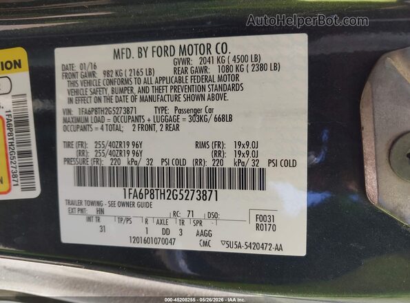 1FA6P8TH2G5273871 2016 FORD MUSTANG Green ძრავის განყოფილების ხედი