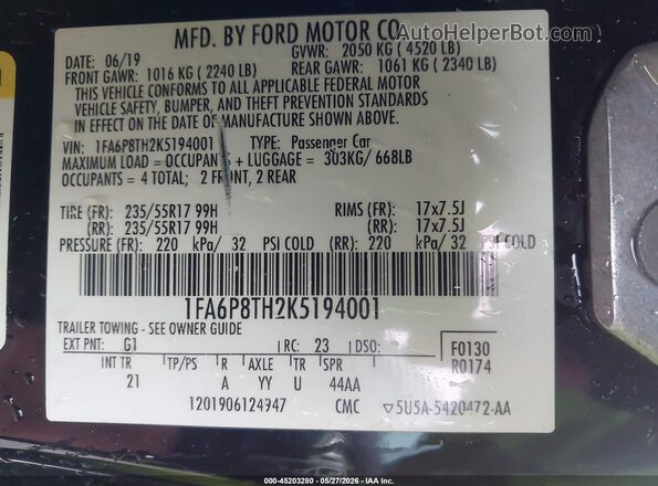 1FA6P8TH2K5194001 2019 FORD MUSTANG Black Вид підкапотного простору