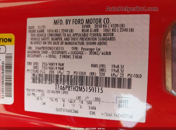 1FA6P8TH2M5150115 2021 FORD MUSTANG Красный Вид подкапотного пространства