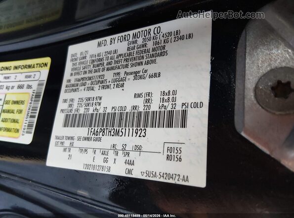 1FA6P8TH3M5111923 2021 FORD MUSTANG Dark Blue 