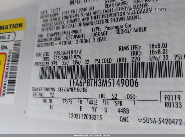 1FA6P8TH3M5149006 2021 FORD MUSTANG White Widok komory silnika