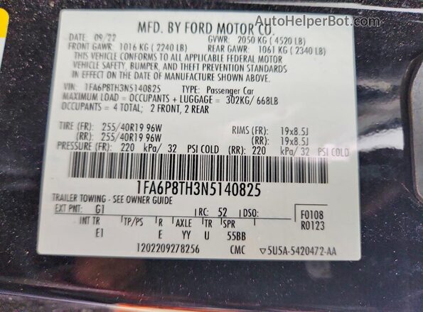 1FA6P8TH3N5140825 2022 FORD MUSTANG Black ძრავის განყოფილების ხედი