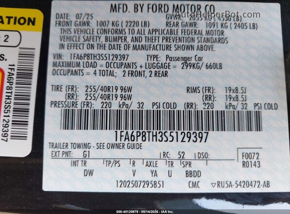 1FA6P8TH3S5129397 2025 FORD MUSTANG Black Շարժիչի բաժամունքի տեսք