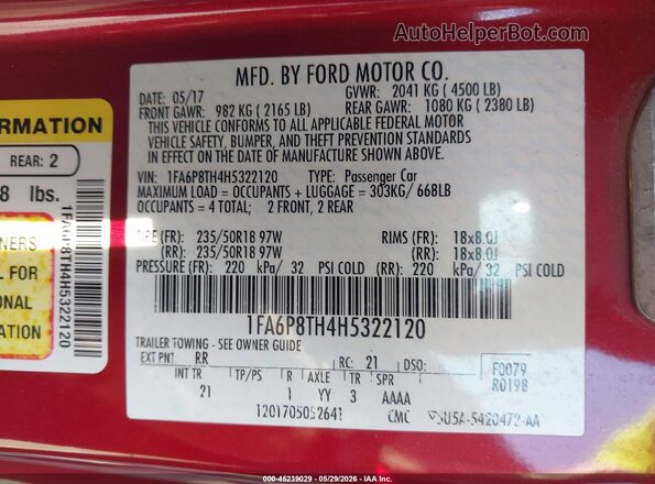 1FA6P8TH4H5322120 2017 FORD MUSTANG Красный Вид подкапотного пространства