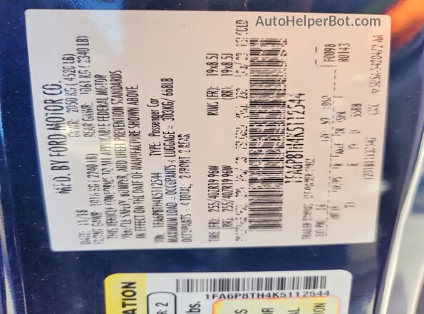 1FA6P8TH4K5112544 2019 FORD MUSTANG Blue 
