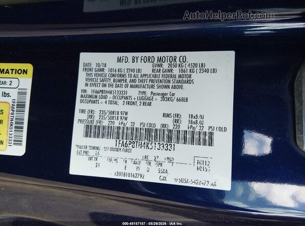 1FA6P8TH4K5133331 2019 FORD MUSTANG Синий Вид подкапотного пространства