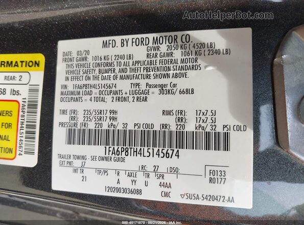 1FA6P8TH4L5145674 2020 FORD MUSTANG Gray 