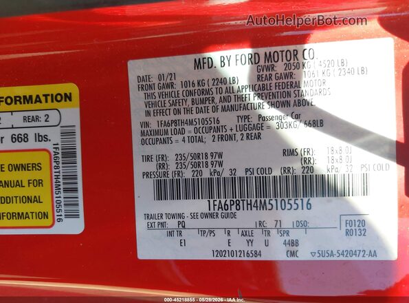 1FA6P8TH4M5105516 2021 FORD MUSTANG Red Вид підкапотного простору