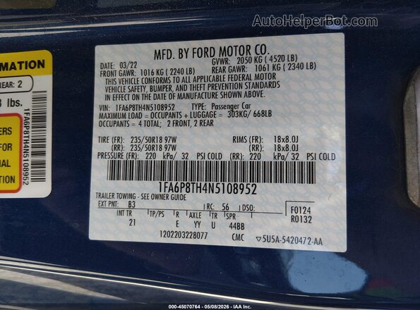 1FA6P8TH4N5108952 2022 FORD MUSTANG Blue Շարժիչի բաժամունքի տեսք