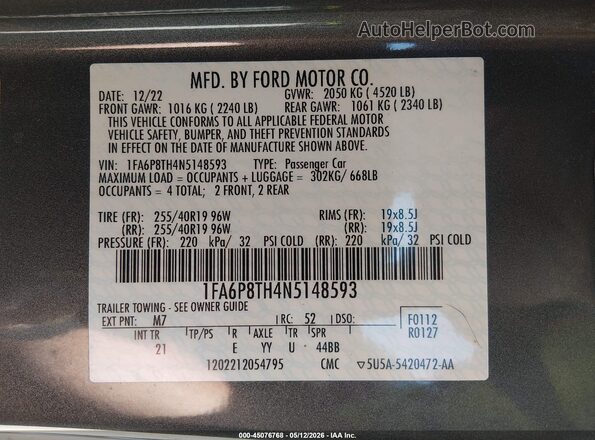 1FA6P8TH4N5148593 2022 FORD MUSTANG Серый Вид подкапотного пространства