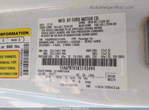 1FA6P8TH5K5143494 2019 FORD MUSTANG White Widok komory silnika
