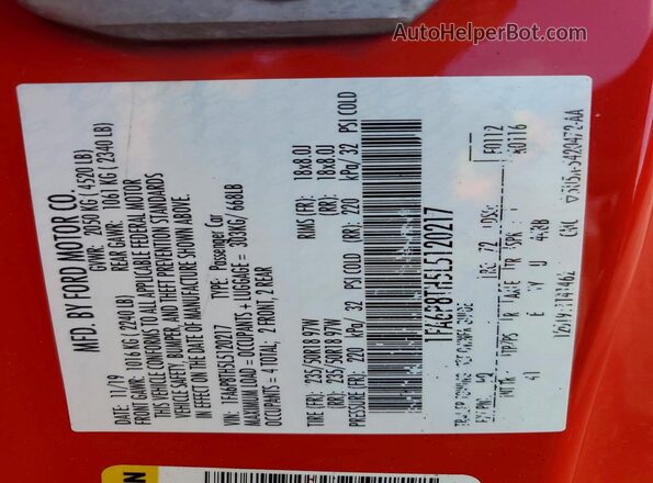 1FA6P8TH5L5120217 2020 FORD MUSTANG Red Widok naklejki z numerem VIN