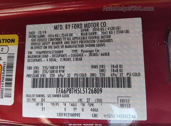 1FA6P8TH5L5126809 2020 FORD MUSTANG Red ძრავის განყოფილების ხედი