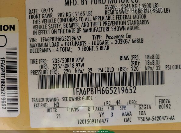 1FA6P8TH6G5219652 2016 FORD MUSTANG Yellow Engine compartment view
