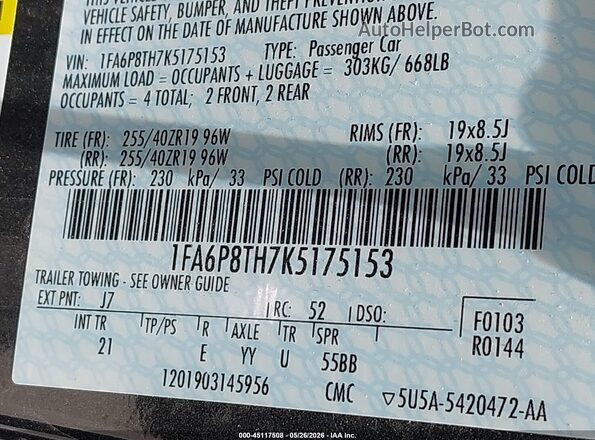 1FA6P8TH7K5175153 2019 FORD MUSTANG Серый 