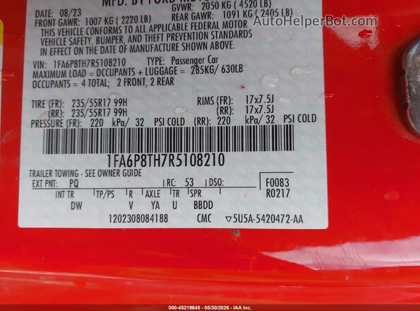 1FA6P8TH7R5108210 2024 FORD MUSTANG Red 
