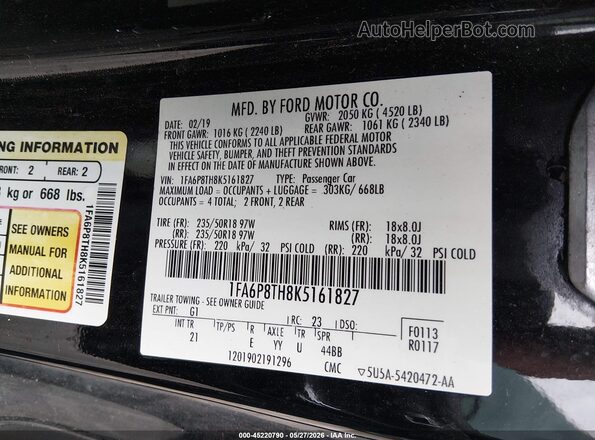 1FA6P8TH8K5161827 2019 FORD MUSTANG Black Engine compartment view