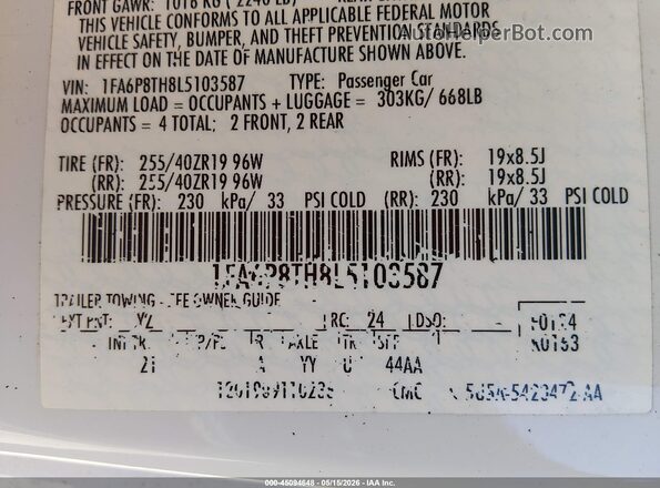1FA6P8TH8L5103587 2020 FORD MUSTANG White ძრავის განყოფილების ხედი