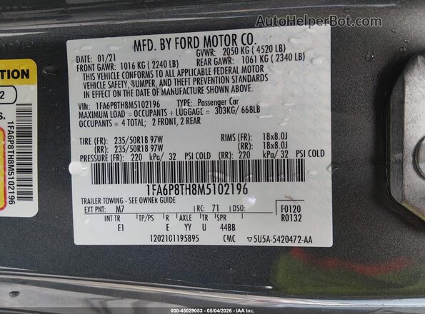 1FA6P8TH8M5102196 2021 FORD MUSTANG Серый Вид подкапотного пространства