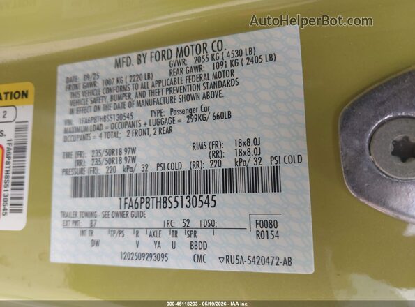 1FA6P8TH8S5130545 2025 FORD MUSTANG Зеленый Вид подкапотного пространства