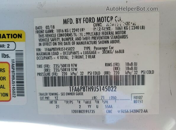 1FA6P8TH9J5145022 2018 FORD MUSTANG White 