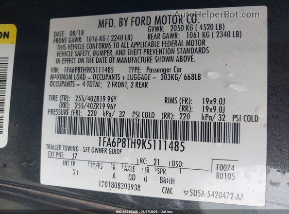 1FA6P8TH9K5111485 2019 FORD MUSTANG Gray Շարժիչի բաժամունքի տեսք