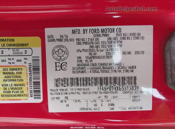 1FA6P8THXG5313839 2016 FORD MUSTANG Red Widok komory silnika