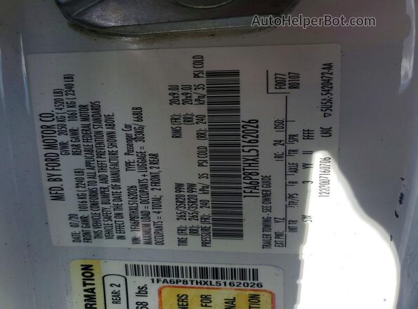 1FA6P8THXL5162026 2020 FORD MUSTANG White Vista del compartimento del motor