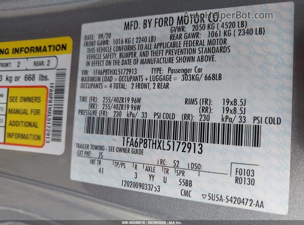 1FA6P8THXL5172913 2020 FORD MUSTANG Silver Շարժիչի բաժամունքի տեսք