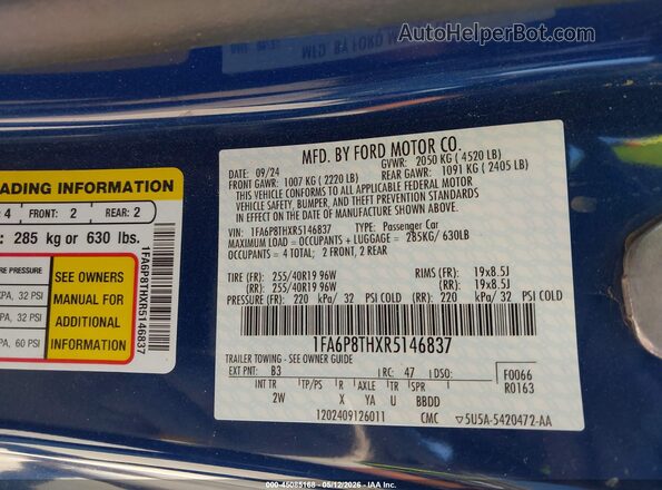 1FA6P8THXR5146837 2024 FORD MUSTANG Blue Vista del compartimento del motor