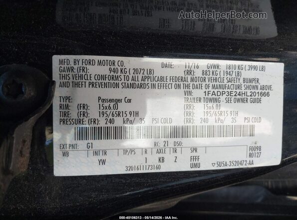 1FADP3E24HL201666 2017 FORD FOCUS Черный 