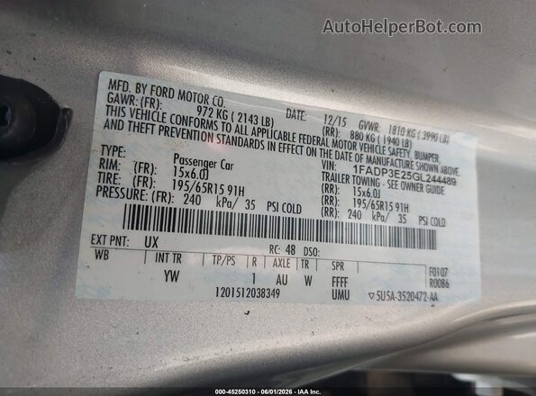 1FADP3E25GL244489 2016 FORD FOCUS Silver 
