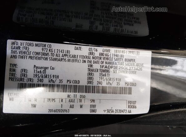 1FADP3E25GL273426 2016 FORD FOCUS Black Vista del compartimento del motor