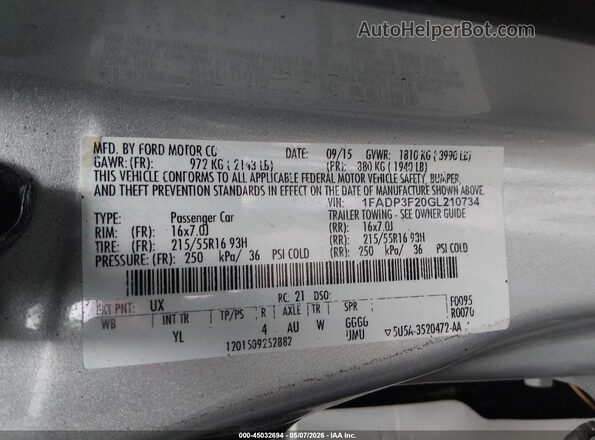 1FADP3F20GL210734 2016 FORD FOCUS Gray Շարժիչի բաժամունքի տեսք