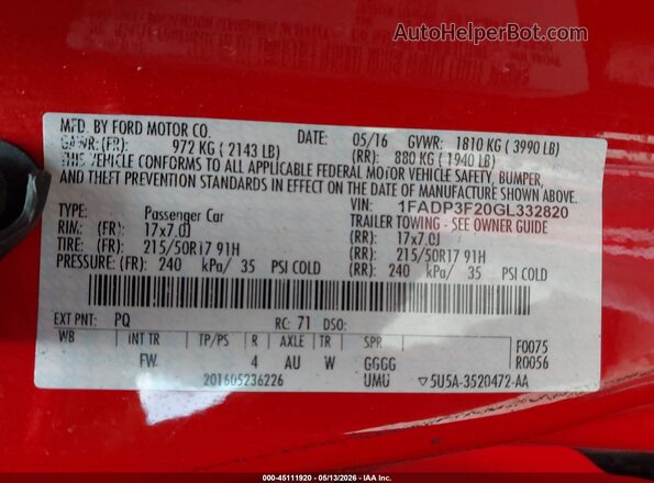 1FADP3F20GL332820 2016 FORD FOCUS Red Widok komory silnika